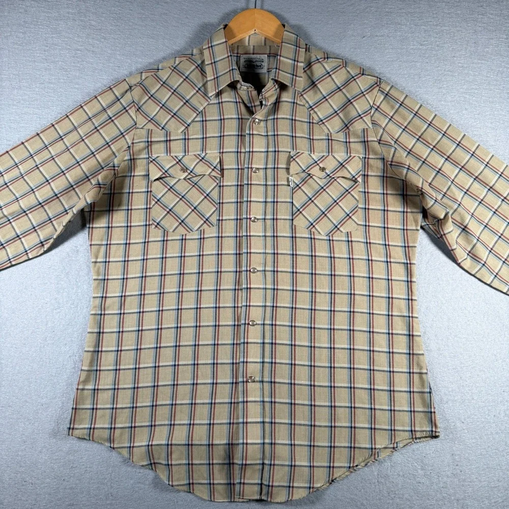 Levis Mens Vintage Western Pearl Snap Shirt Tan Plaid Long Sleeve Large WPL 423